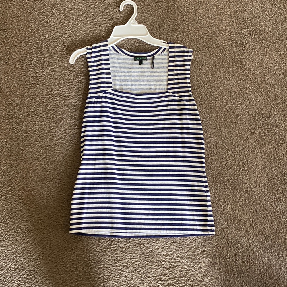 Blue and white striped fitted tank top
